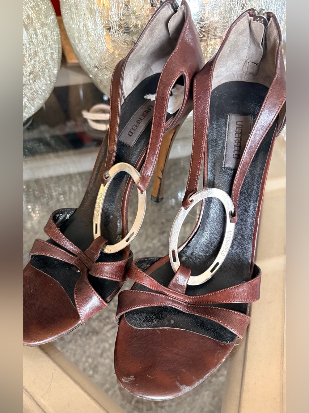 Leather Brown High Heel Sandals with Metallic Ring Accent LAGERFELD 7.5 M